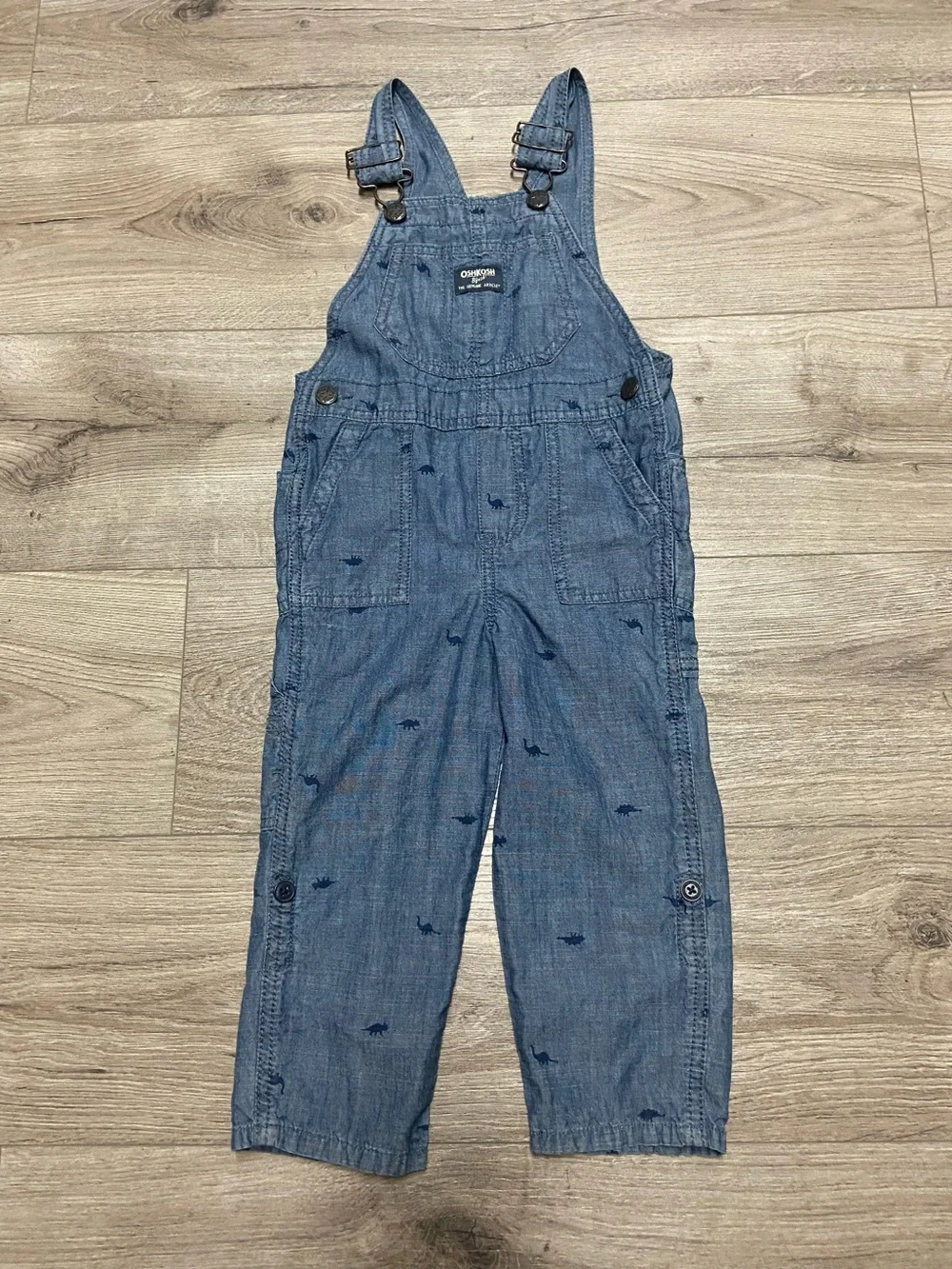 Oshkosh B’gosh Dinosaur Print Chambray Overalls 3T Blue Cotton
